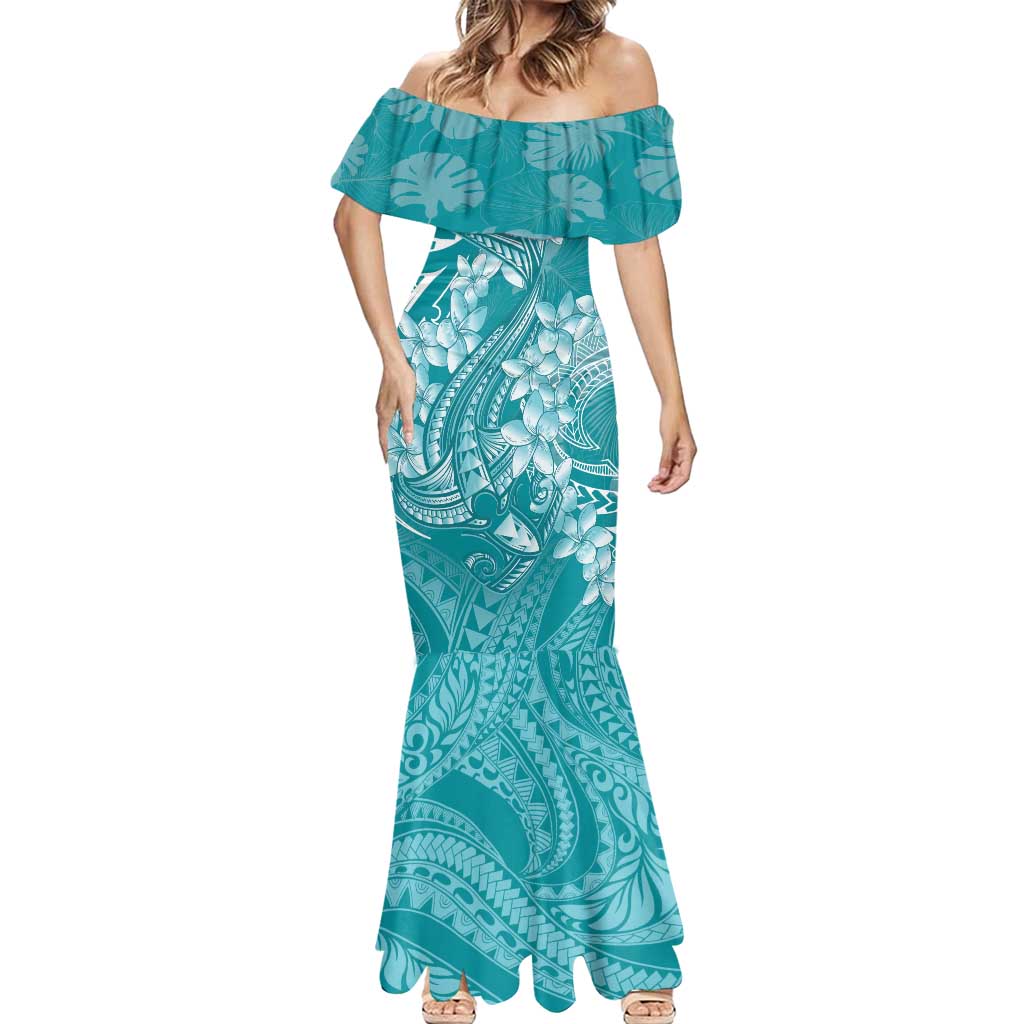 Teal Polynesia Hammerhead Shark Tattoo With Plumeria Lei Mermaid Dress