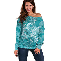 Teal Polynesia Hammerhead Shark Tattoo With Plumeria Lei Off Shoulder Sweater
