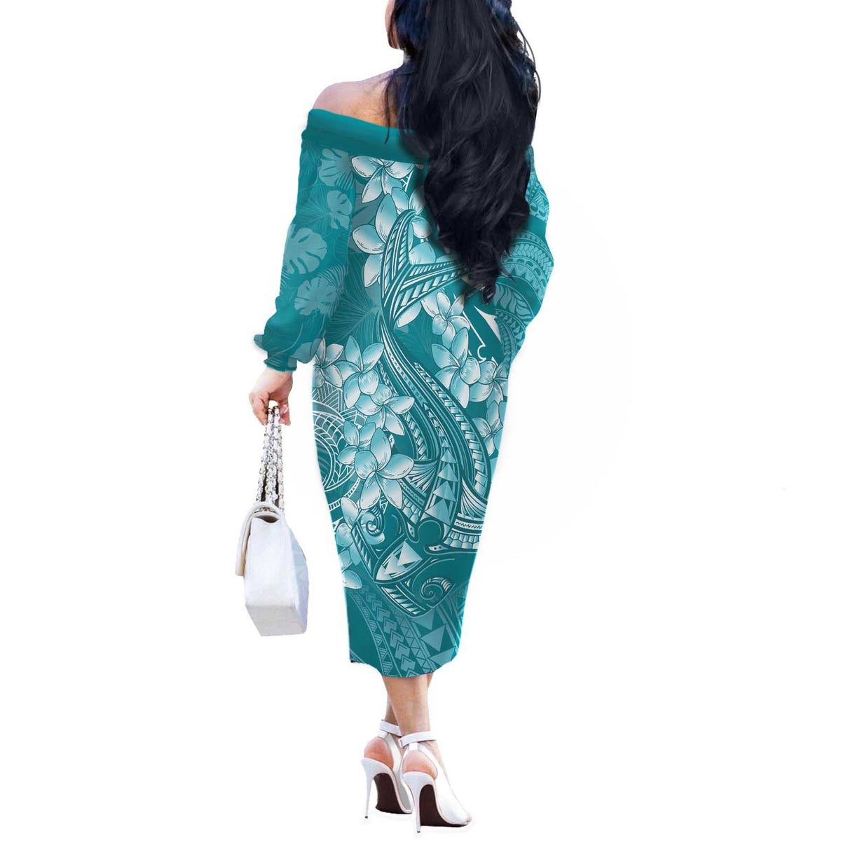 Teal Polynesia Hammerhead Shark Tattoo With Plumeria Lei Off The Shoulder Long Sleeve Dress