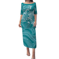 Teal Polynesia Hammerhead Shark Tattoo With Plumeria Lei Puletasi