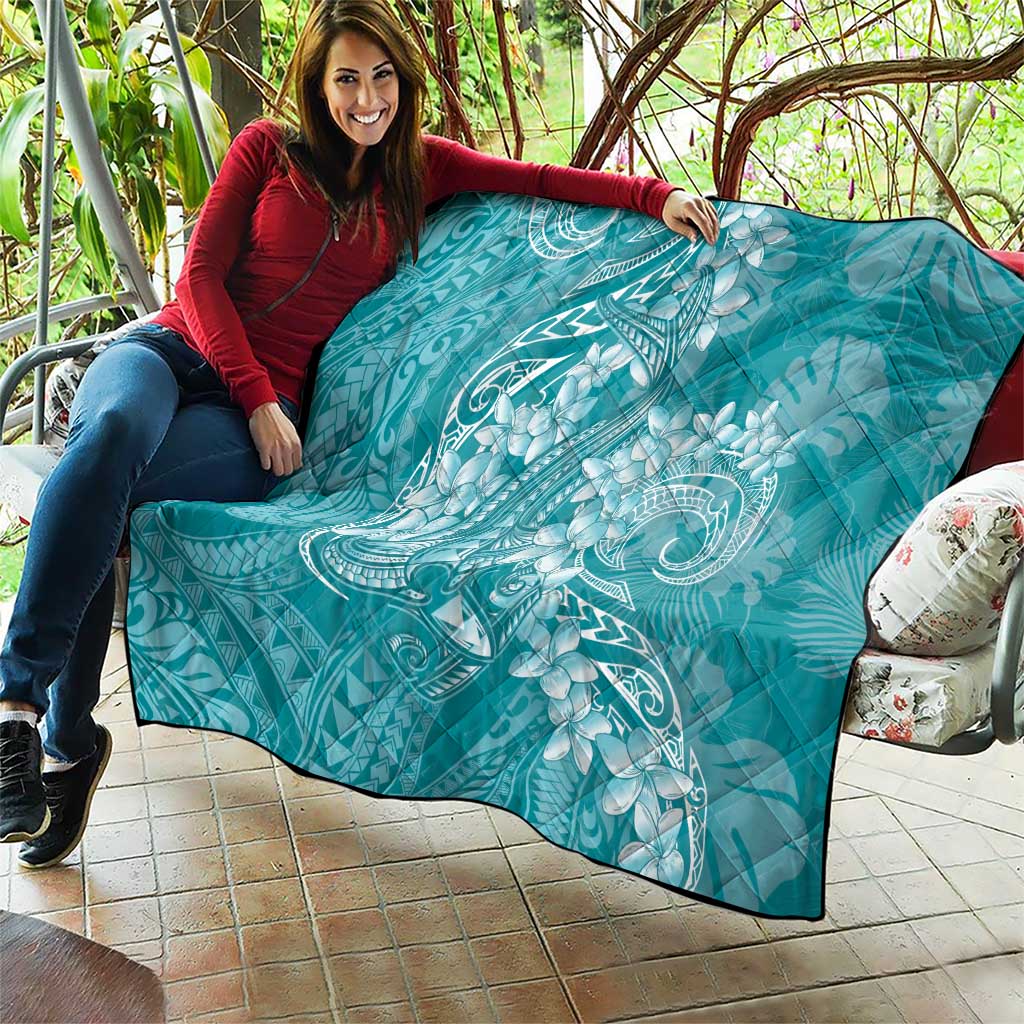 Teal Polynesia Hammerhead Shark Tattoo With Plumeria Lei Quilt
