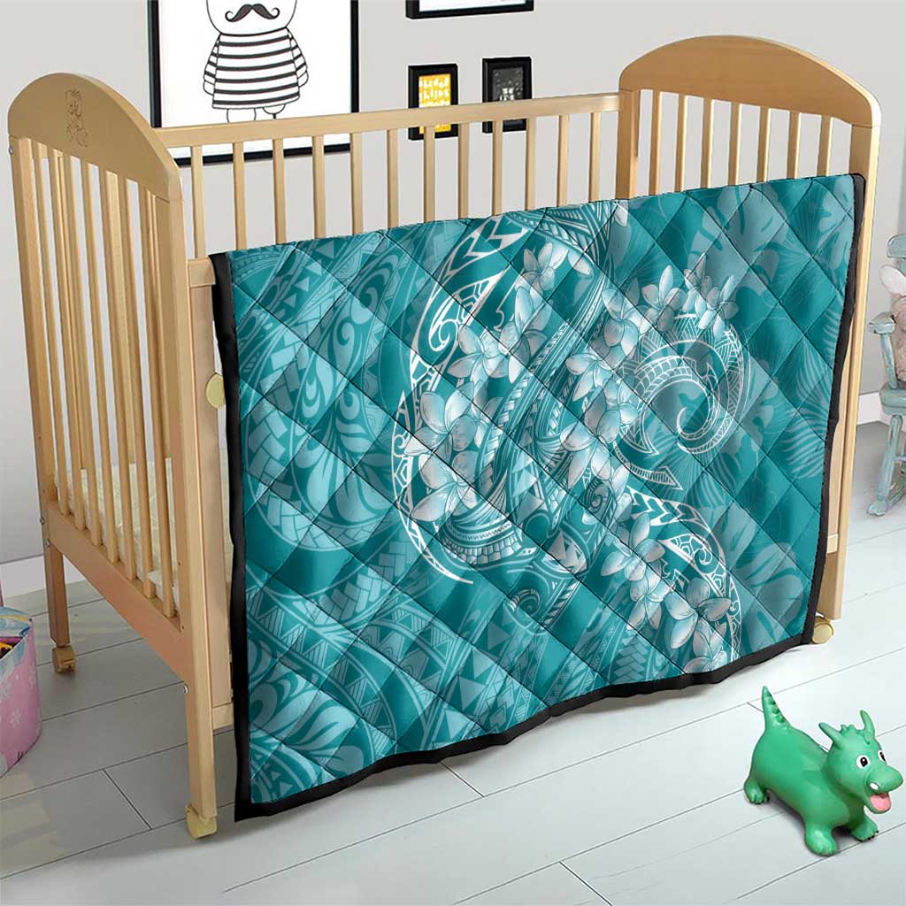 Teal Polynesia Hammerhead Shark Tattoo With Plumeria Lei Quilt