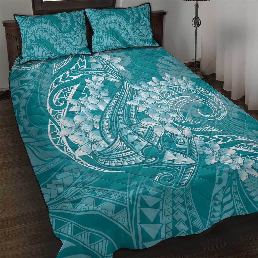 Teal Polynesia Hammerhead Shark Tattoo With Plumeria Lei Quilt Bed Set LT14 Teal - Polynesian Pride