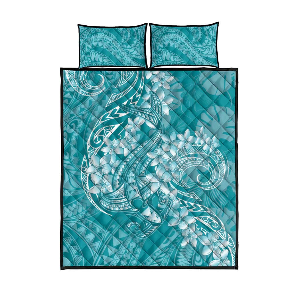 Teal Polynesia Hammerhead Shark Tattoo With Plumeria Lei Quilt Bed Set LT14 - Polynesian Pride