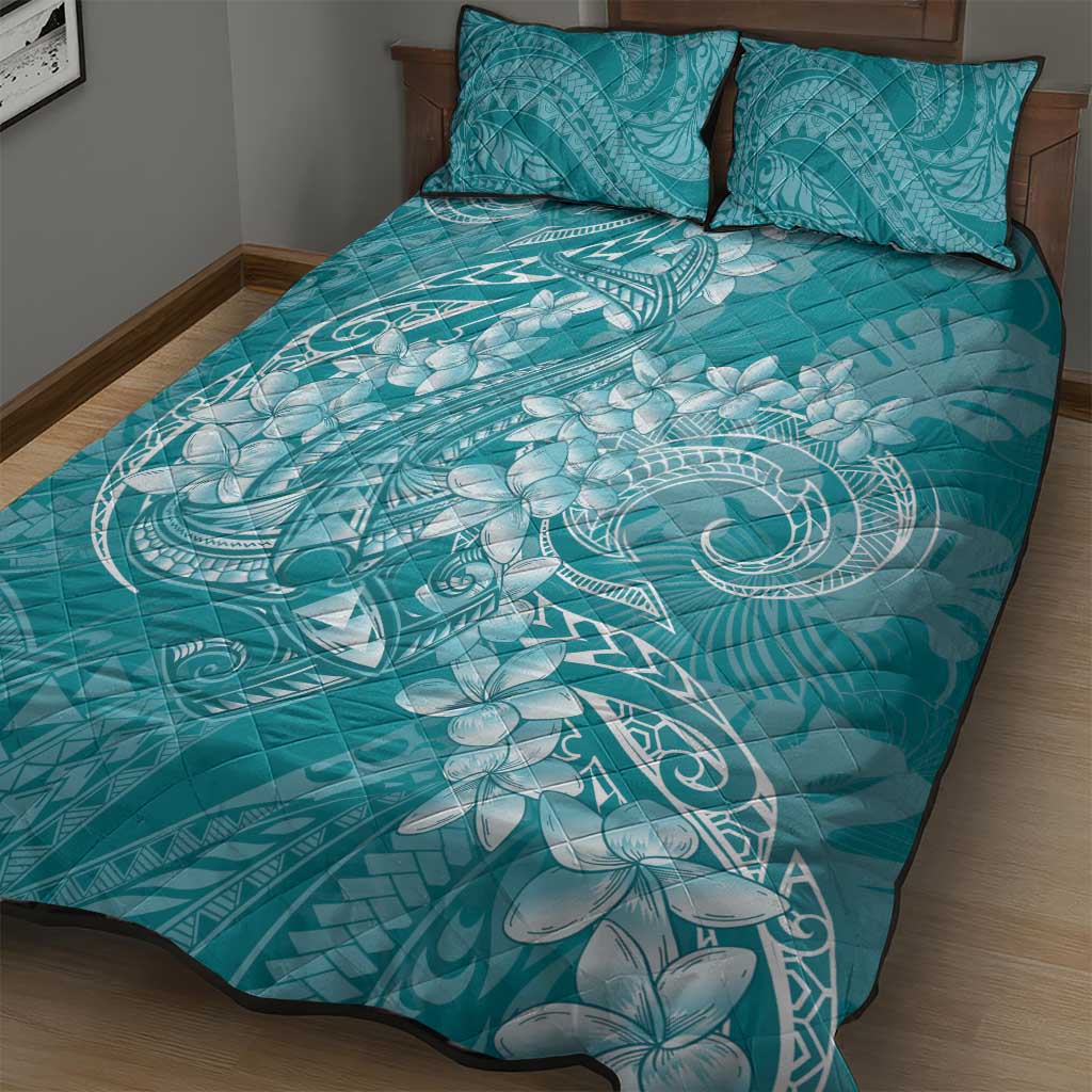 Teal Polynesia Hammerhead Shark Tattoo With Plumeria Lei Quilt Bed Set LT14 - Polynesian Pride