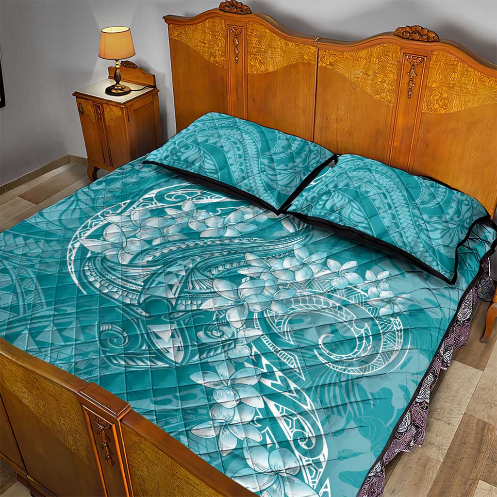 Teal Polynesia Hammerhead Shark Tattoo With Plumeria Lei Quilt Bed Set LT14 - Polynesian Pride