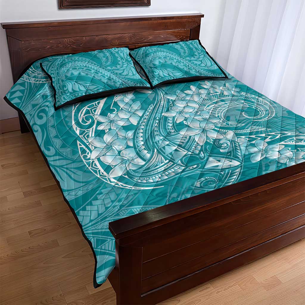 Teal Polynesia Hammerhead Shark Tattoo With Plumeria Lei Quilt Bed Set LT14 - Polynesian Pride