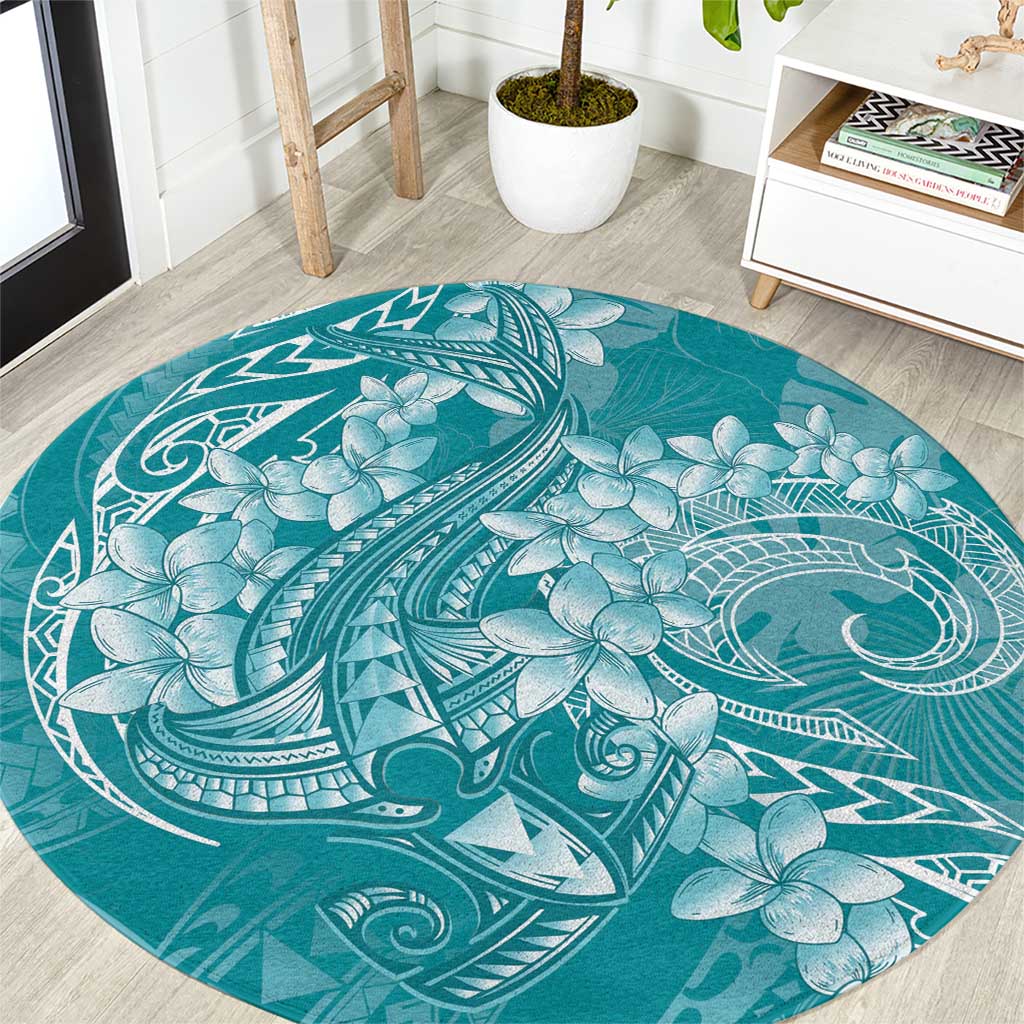 Teal Polynesia Hammerhead Shark Tattoo With Plumeria Lei Round Carpet