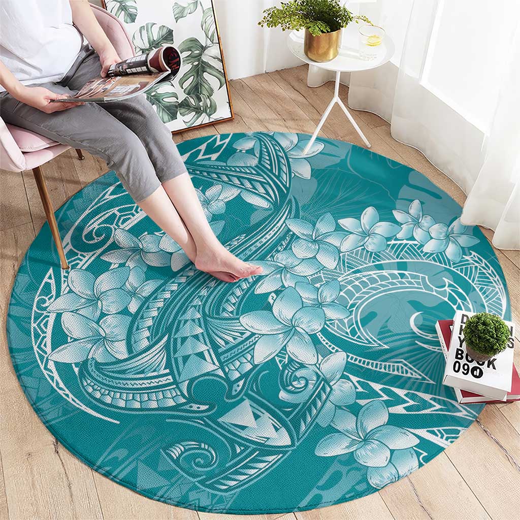 Teal Polynesia Hammerhead Shark Tattoo With Plumeria Lei Round Carpet