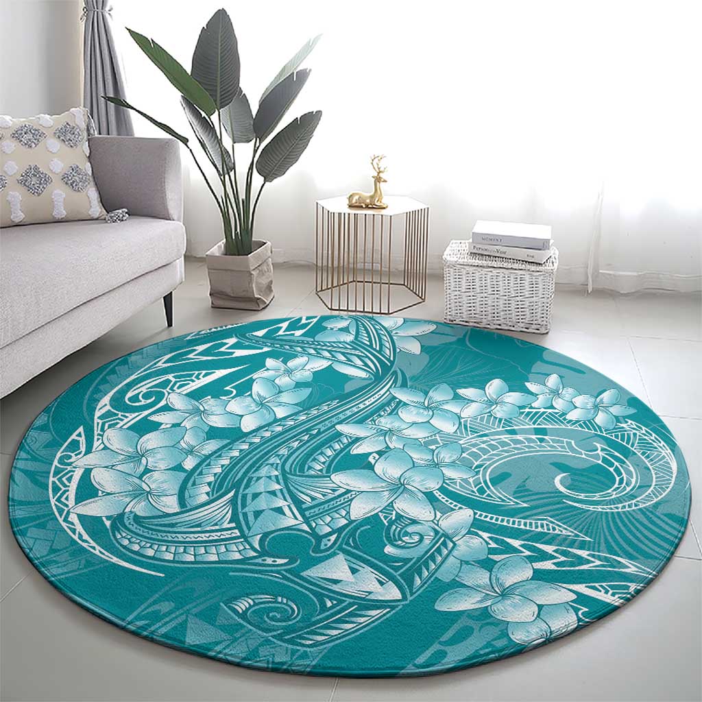 Teal Polynesia Hammerhead Shark Tattoo With Plumeria Lei Round Carpet