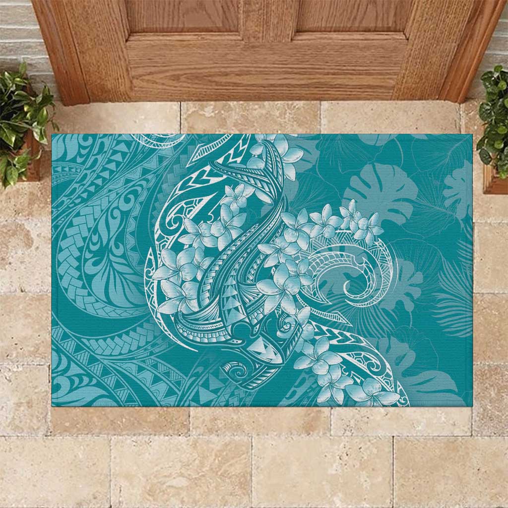 Teal Polynesia Hammerhead Shark Tattoo With Plumeria Lei Rubber Doormat LT14 Teal - Polynesian Pride