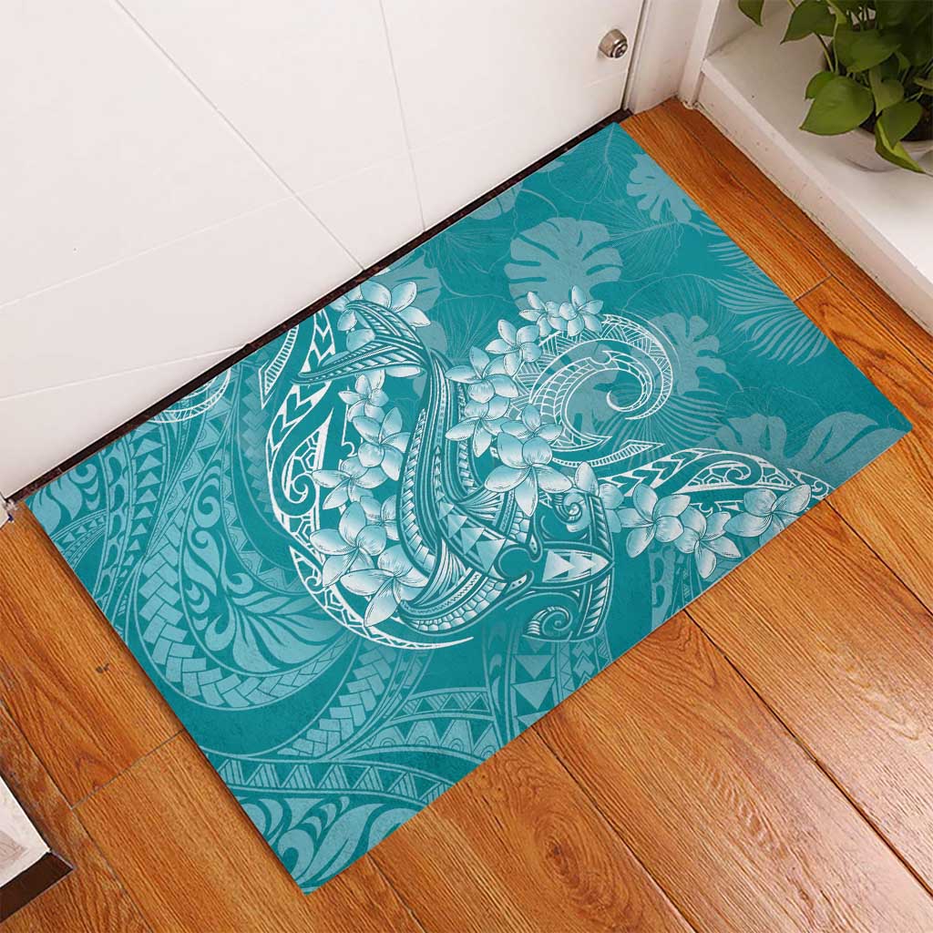 Teal Polynesia Hammerhead Shark Tattoo With Plumeria Lei Rubber Doormat LT14 - Polynesian Pride