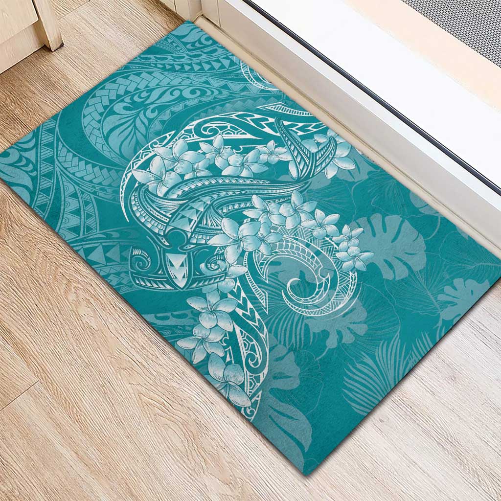 Teal Polynesia Hammerhead Shark Tattoo With Plumeria Lei Rubber Doormat LT14 - Polynesian Pride