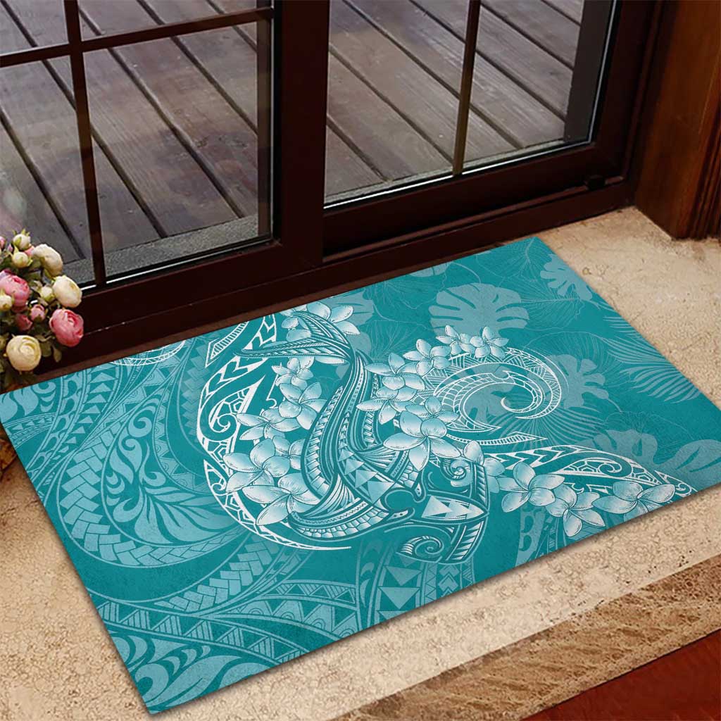 Teal Polynesia Hammerhead Shark Tattoo With Plumeria Lei Rubber Doormat LT14 - Polynesian Pride