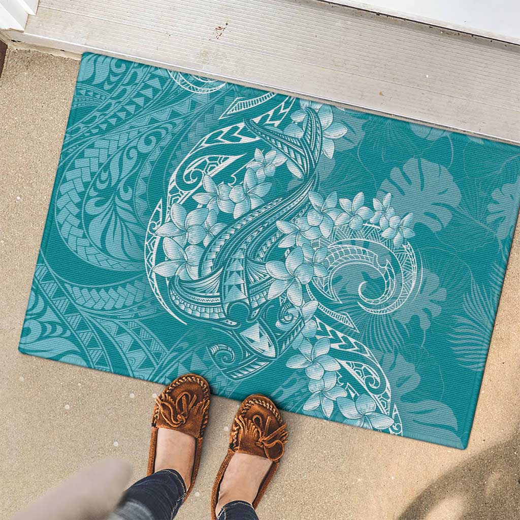 Teal Polynesia Hammerhead Shark Tattoo With Plumeria Lei Rubber Doormat LT14 - Polynesian Pride