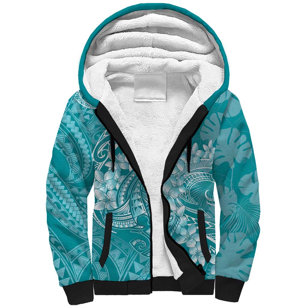 Teal Polynesia Hammerhead Shark Tattoo With Plumeria Lei Sherpa Hoodie LT14 Unisex Teal - Polynesian Pride