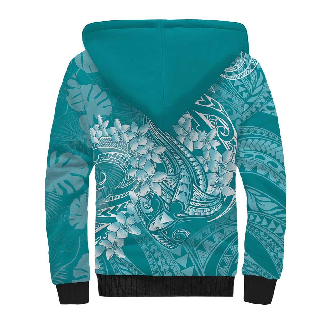 Teal Polynesia Hammerhead Shark Tattoo With Plumeria Lei Sherpa Hoodie LT14 - Polynesian Pride