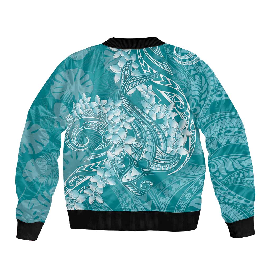 Teal Polynesia Hammerhead Shark Tattoo With Plumeria Lei Sleeve Zip Bomber Jacket