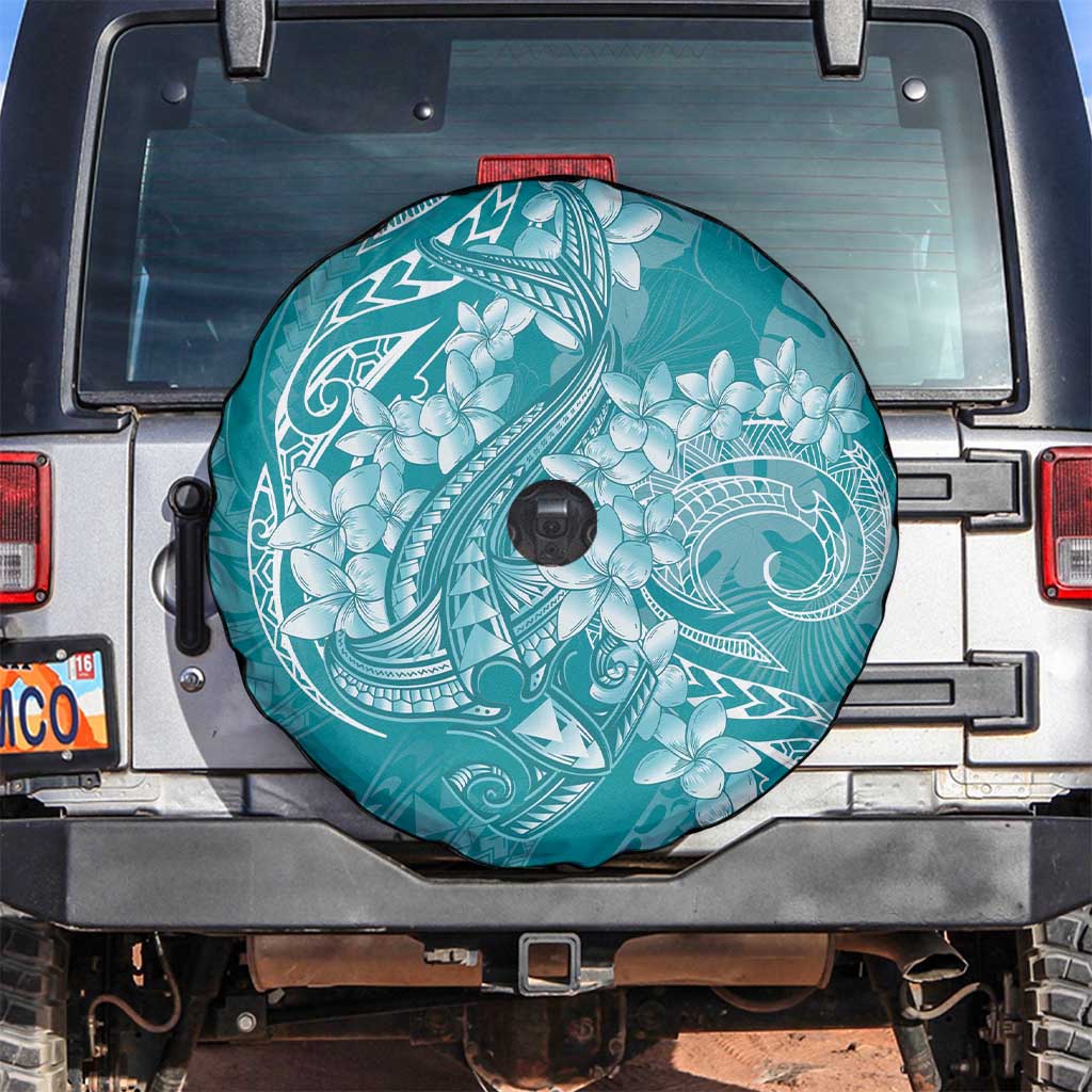Teal Polynesia Hammerhead Shark Tattoo With Plumeria Lei Spare Tire Cover LT14 Teal - Polynesian Pride