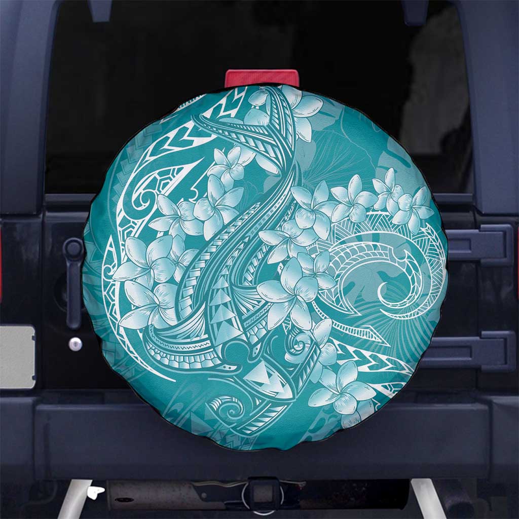 Teal Polynesia Hammerhead Shark Tattoo With Plumeria Lei Spare Tire Cover LT14 No hole Teal - Polynesian Pride