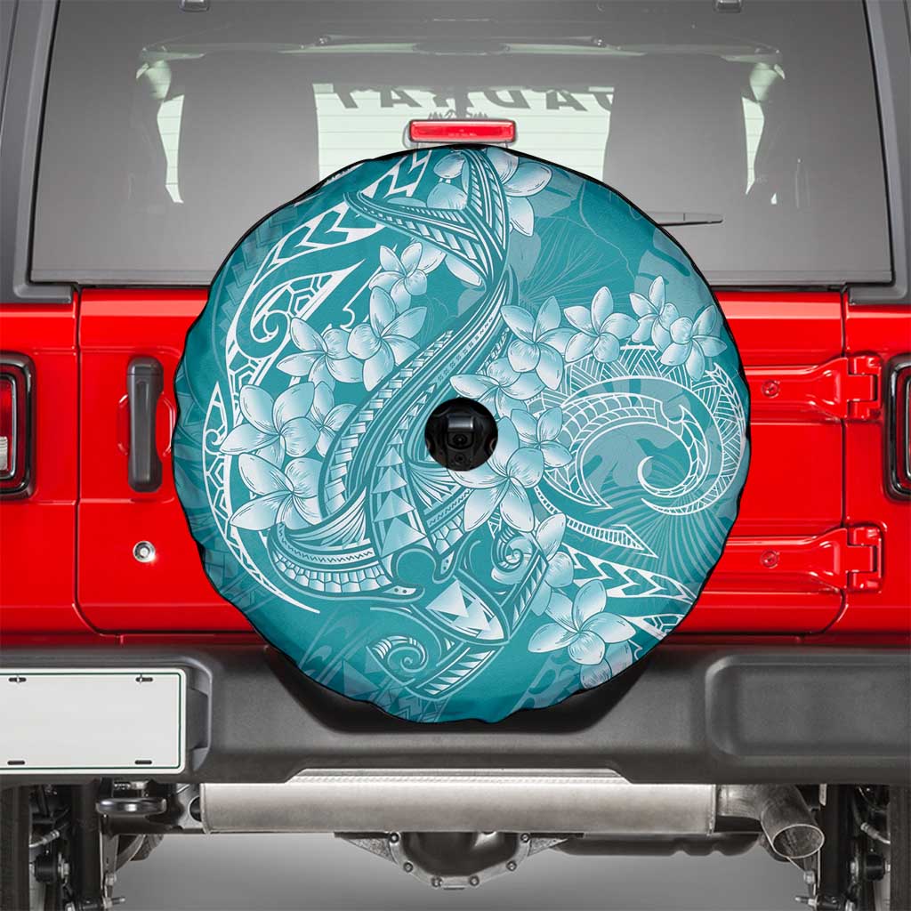 Teal Polynesia Hammerhead Shark Tattoo With Plumeria Lei Spare Tire Cover LT14 - Polynesian Pride