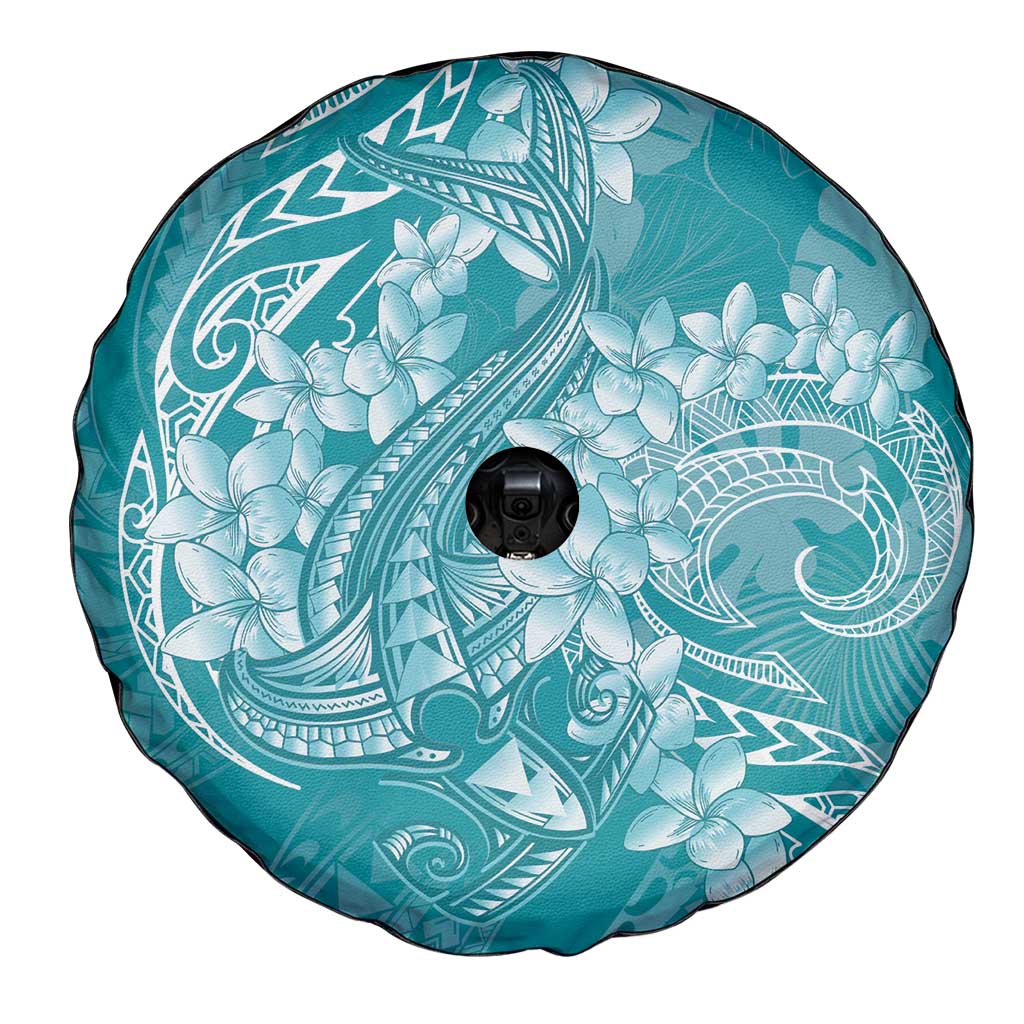 Teal Polynesia Hammerhead Shark Tattoo With Plumeria Lei Spare Tire Cover LT14 - Polynesian Pride