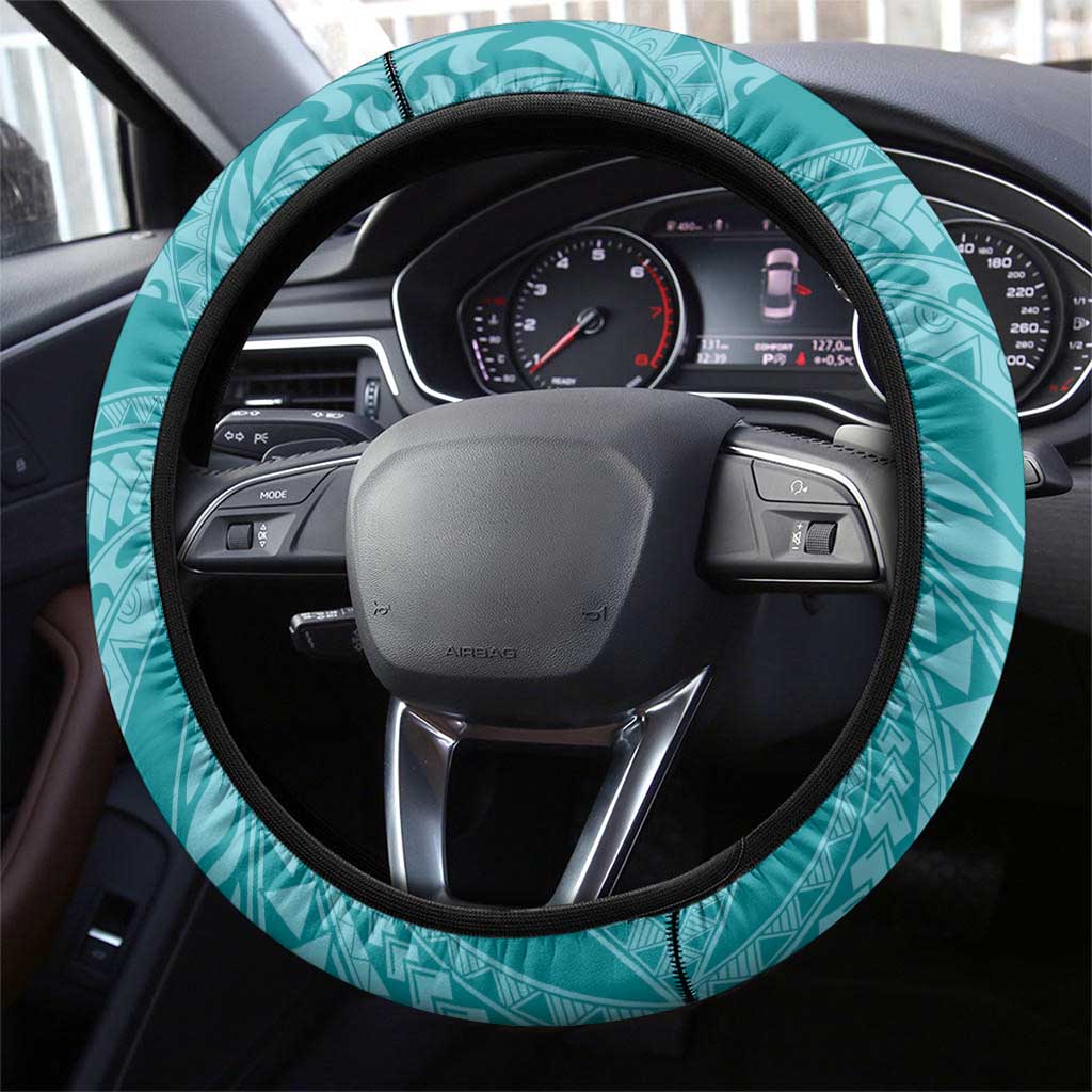 Teal Polynesia Hammerhead Shark Tattoo With Plumeria Lei Steering Wheel Cover LT14 - Polynesian Pride