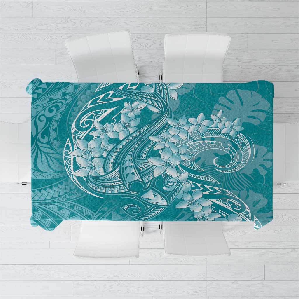 Teal Polynesia Hammerhead Shark Tattoo With Plumeria Lei Tablecloth LT14 Teal - Polynesian Pride