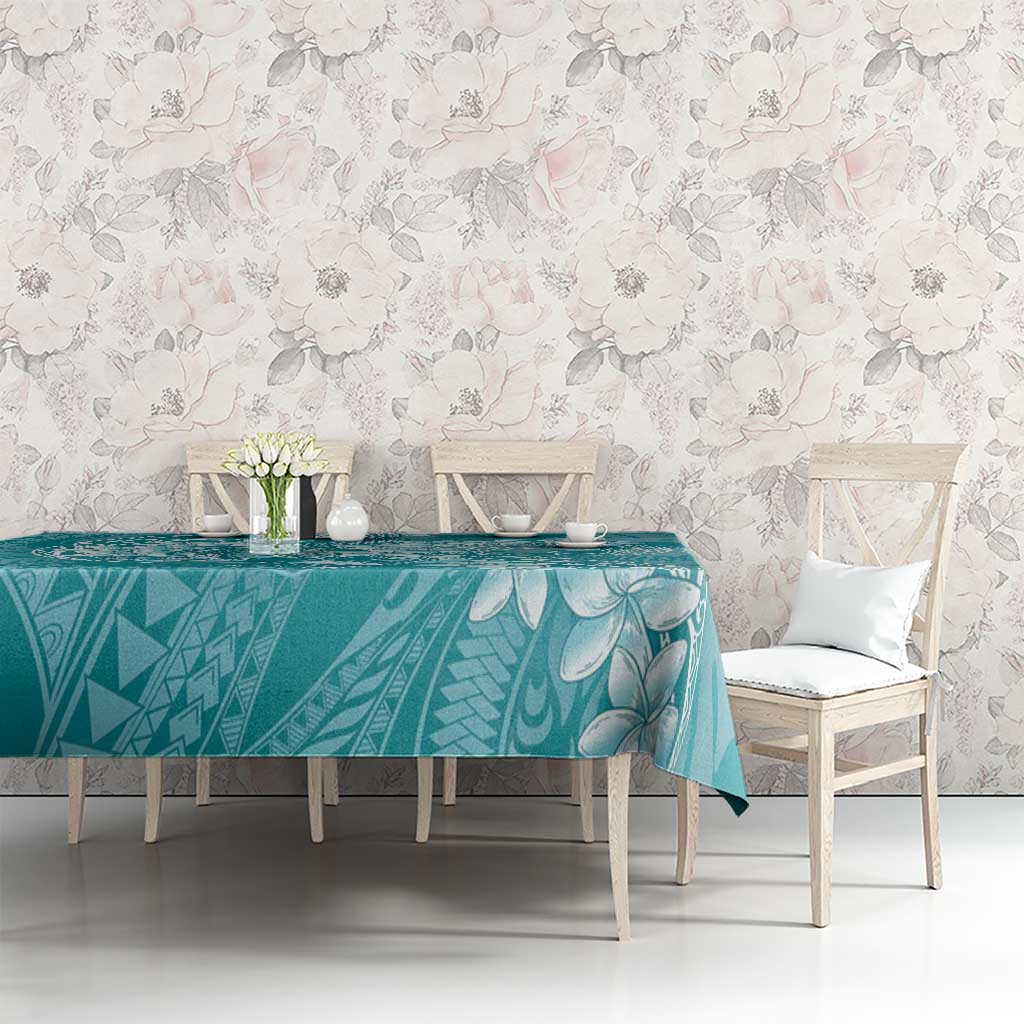 Teal Polynesia Hammerhead Shark Tattoo With Plumeria Lei Tablecloth LT14 - Polynesian Pride
