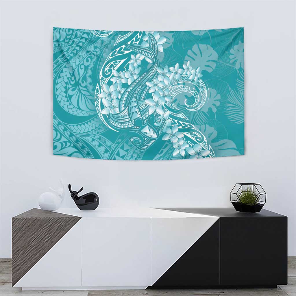 Teal Polynesia Hammerhead Shark Tattoo With Plumeria Lei Tapestry