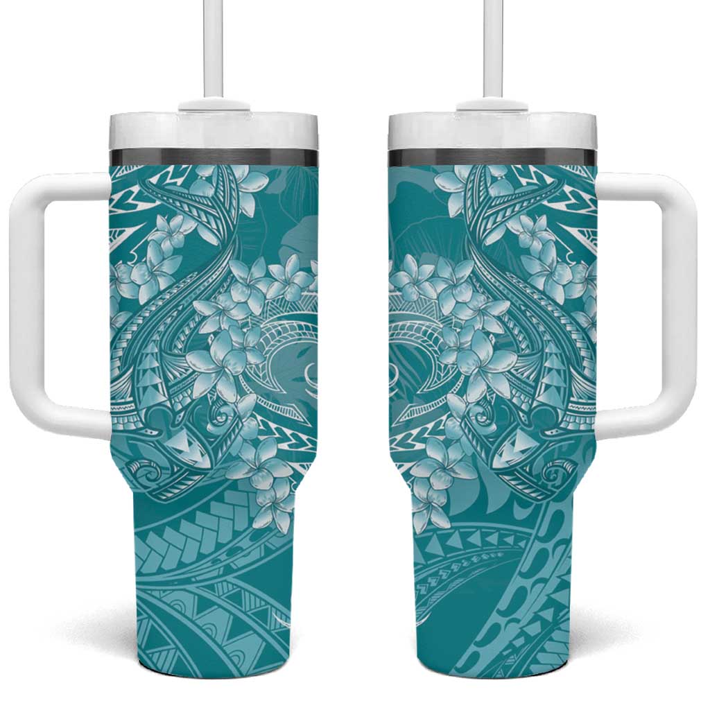 Teal Polynesia Hammerhead Shark Tattoo With Plumeria Lei Tumbler With Handle