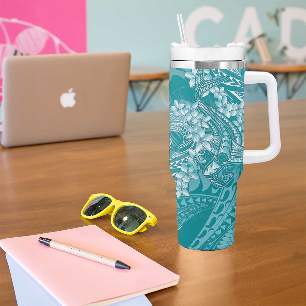 Teal Polynesia Hammerhead Shark Tattoo With Plumeria Lei Tumbler With Handle