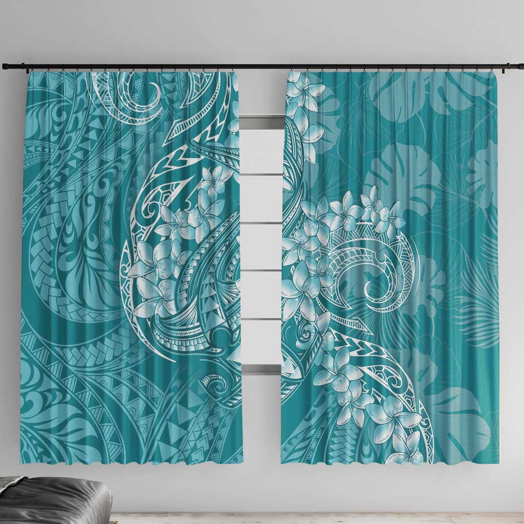 Teal Polynesia Hammerhead Shark Tattoo With Plumeria Lei Window Curtain LT14 With Hooks Teal - Polynesian Pride