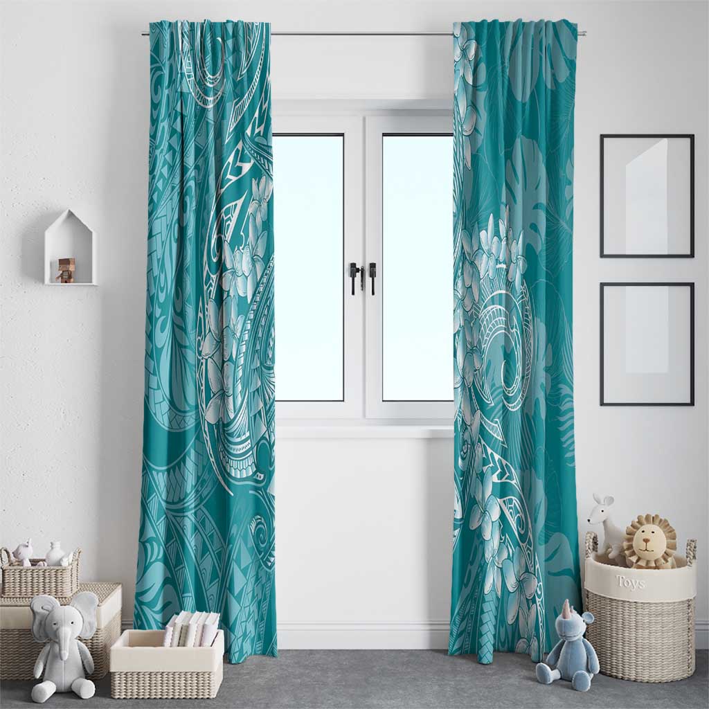 Teal Polynesia Hammerhead Shark Tattoo With Plumeria Lei Window Curtain LT14 - Polynesian Pride