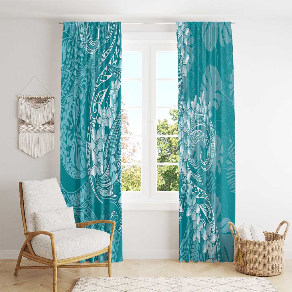 Teal Polynesia Hammerhead Shark Tattoo With Plumeria Lei Window Curtain LT14 - Polynesian Pride