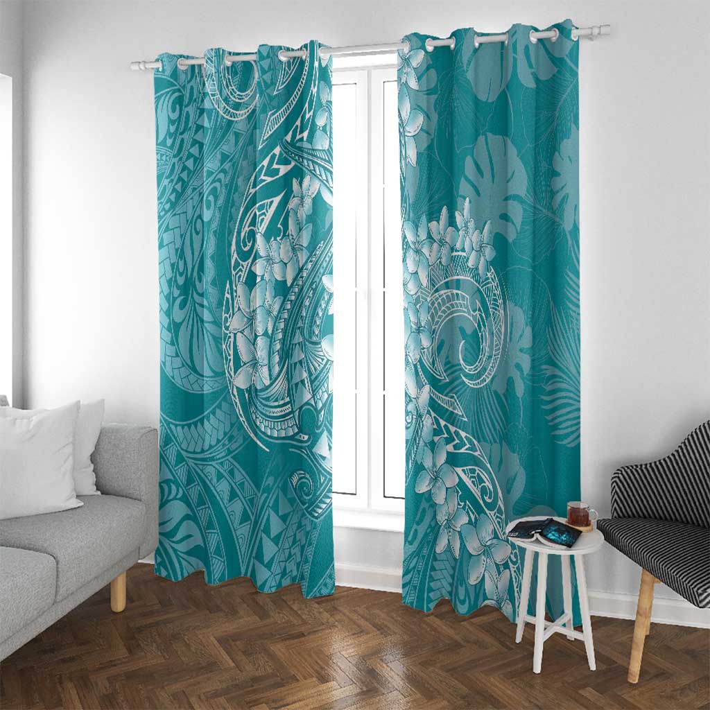 Teal Polynesia Hammerhead Shark Tattoo With Plumeria Lei Window Curtain LT14 With Grommets Teal - Polynesian Pride