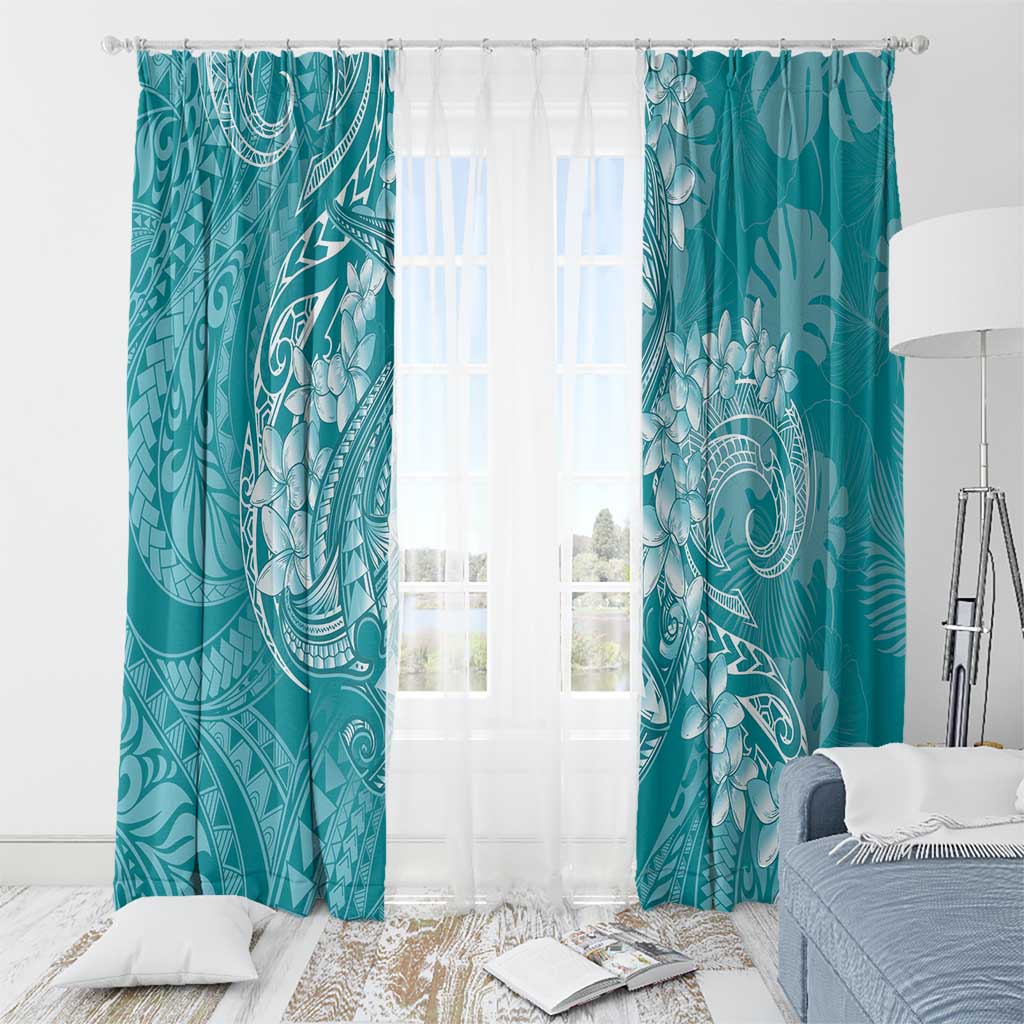 Teal Polynesia Hammerhead Shark Tattoo With Plumeria Lei Window Curtain LT14 - Polynesian Pride