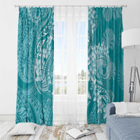 Teal Polynesia Hammerhead Shark Tattoo With Plumeria Lei Window Curtain LT14 - Polynesian Pride
