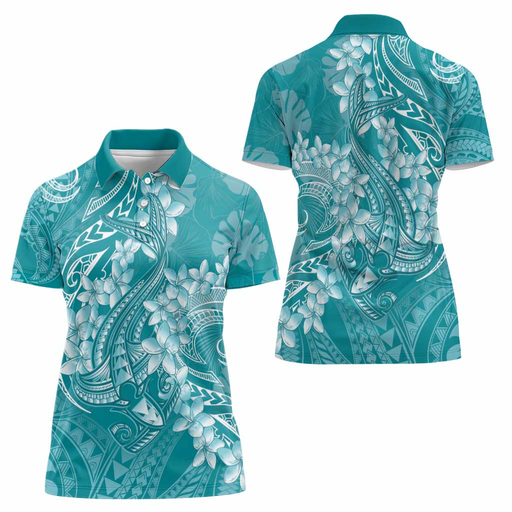 Teal Polynesia Hammerhead Shark Tattoo With Plumeria Lei Women Polo Shirt