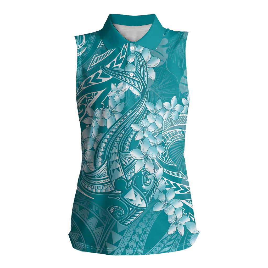 Teal Polynesia Hammerhead Shark Tattoo With Plumeria Lei Women Sleeveless Polo Shirt