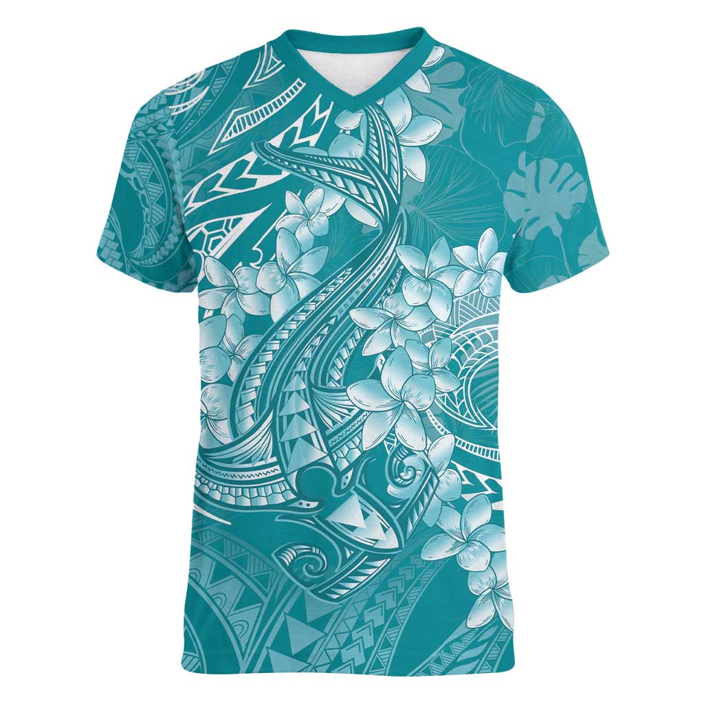 Teal Polynesia Hammerhead Shark Tattoo With Plumeria Lei Women V-Neck T-Shirt