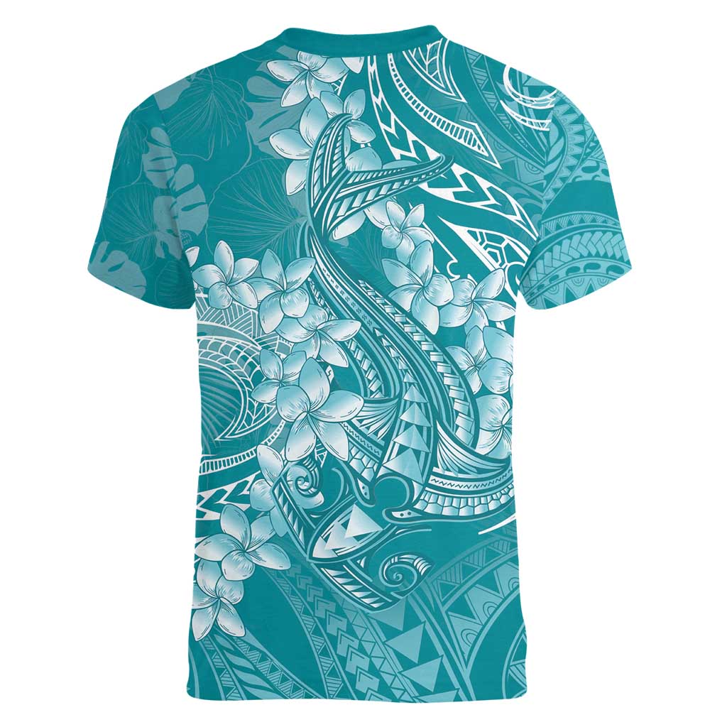 Teal Polynesia Hammerhead Shark Tattoo With Plumeria Lei Women V-Neck T-Shirt