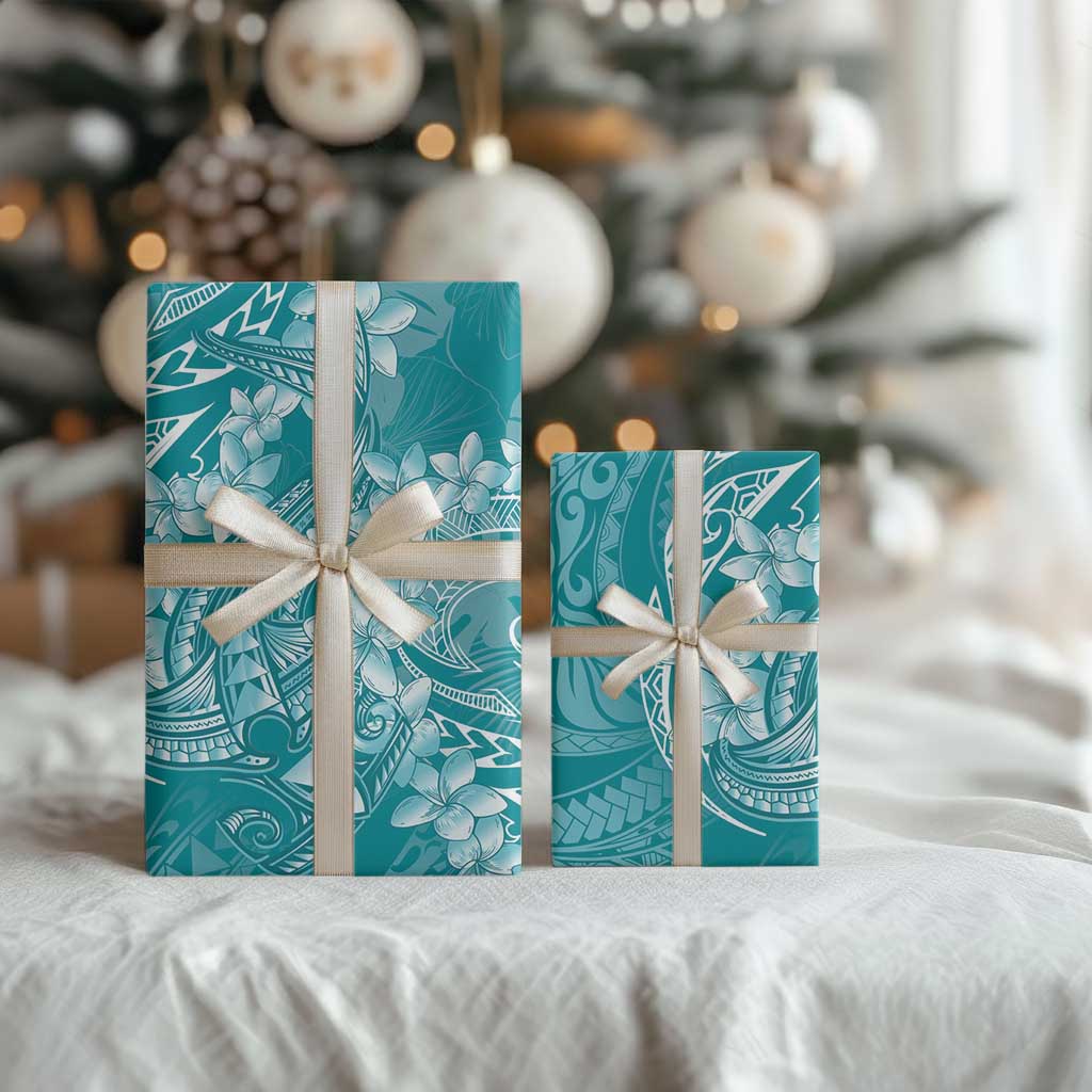 Teal Polynesia Hammerhead Shark Tattoo With Plumeria Lei Wrapping Paper LT14 - Polynesian Pride