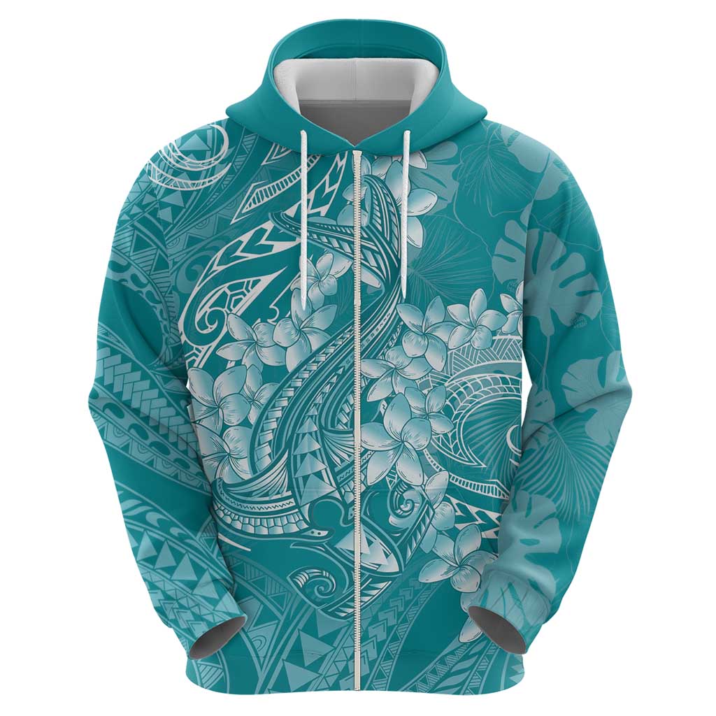 Teal Polynesia Hammerhead Shark Tattoo With Plumeria Lei Zip Hoodie