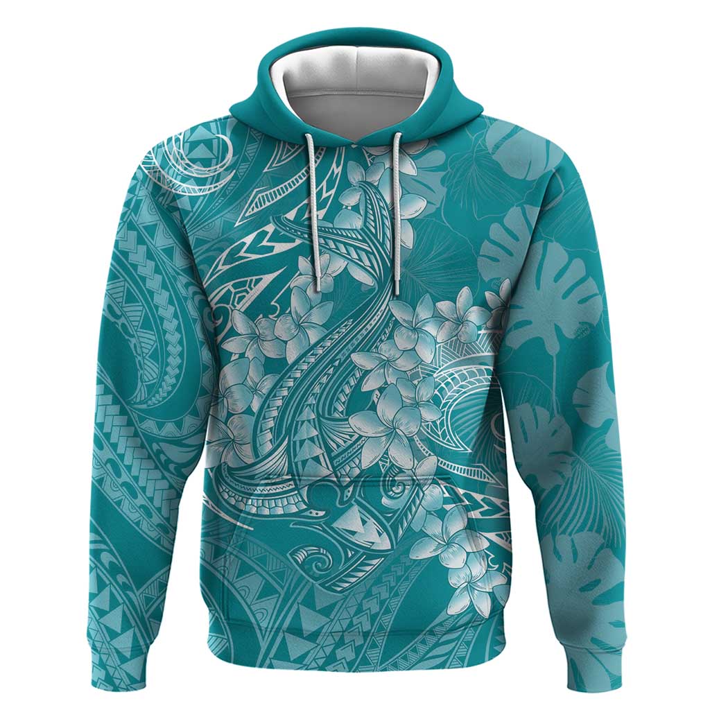 Teal Polynesia Hammerhead Shark Tattoo With Plumeria Lei Zip Hoodie