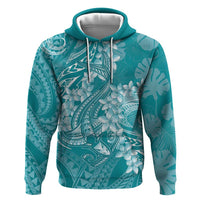 Teal Polynesia Hammerhead Shark Tattoo With Plumeria Lei Zip Hoodie
