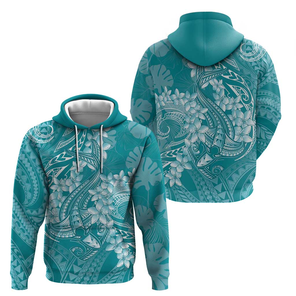 Teal Polynesia Hammerhead Shark Tattoo With Plumeria Lei Zip Hoodie