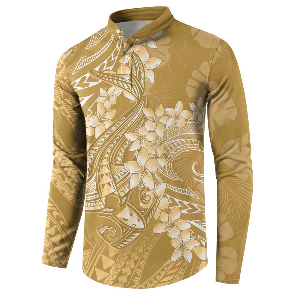 Yellow Polynesia Hammerhead Shark Tattoo With Plumeria Lei Button Sweatshirt LT14 - Polynesian Pride