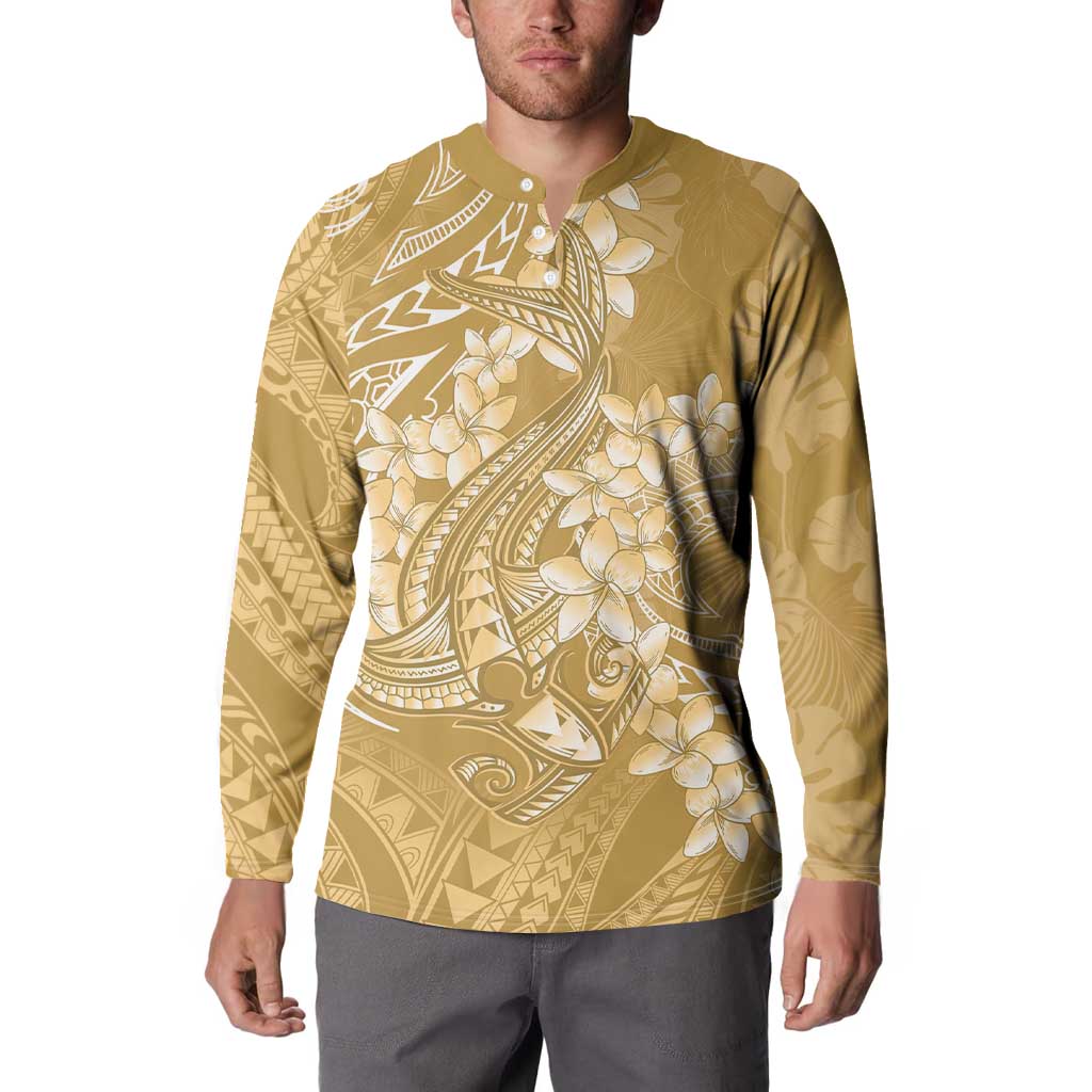 Yellow Polynesia Hammerhead Shark Tattoo With Plumeria Lei Button Sweatshirt LT14 - Polynesian Pride