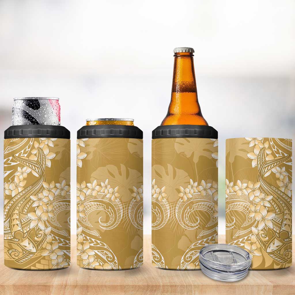 Yellow Polynesia Hammerhead Shark Tattoo With Plumeria Lei 4 in 1 Can Cooler Tumbler LT14 - Polynesian Pride